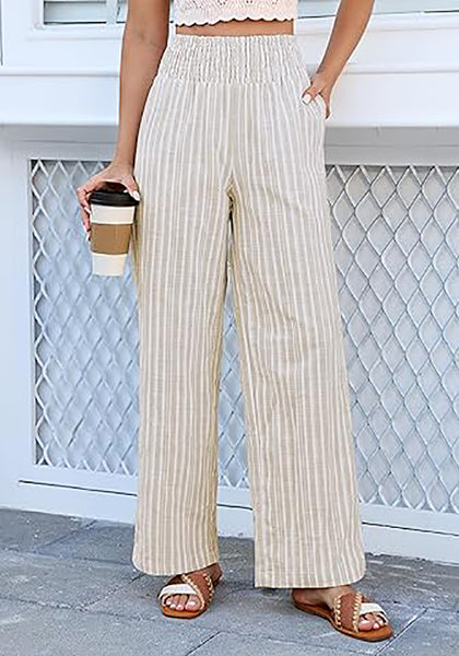 Women’s Striped Wide Leg Pants Causal Elastic High Waist Full Length Trousers with Pockets