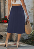 LookbookStore Women Dark Blue Pleated Linen Midi Skirt Elastic High Waist A Line Summer Skirt with Pockets