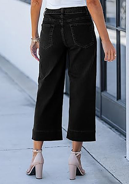 Washed Black Women's Cropped High Rise Denim Pull On Retro Wide Leg Jeans