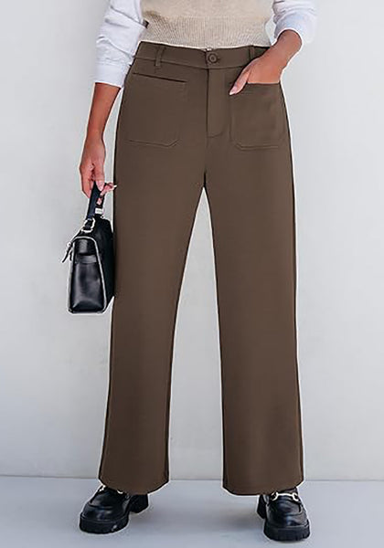 Chocolate Brown Women's  High Waist Relaxed Fit Wide Leg Cropped Length Style Casual Pants With Pockets