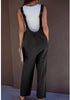 Washed Black Women's Casual Denim Low Scoop Neckline Jumpsuits With Adjustable Shoulder Pocket Cropped Overalls