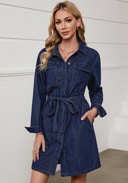 Dark Blue Women's Fashion Brief Dress Casual Denim Button Down Long Sleeve Knee-Length Short Dress with Pockets