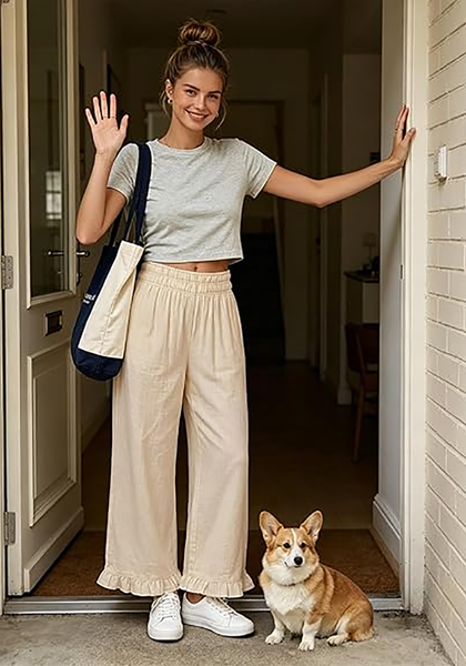LookbookStore Women Beige High Waist Linen Pants Wide Leg Ruffle Hem Elastic Waist Cropped Ankle Beach Summer Casual Pants