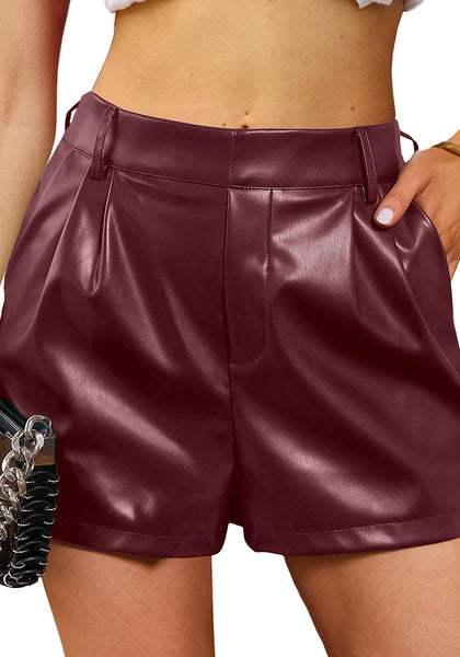Ruby Wine Women's High Waisted PU Leather Shorts Stretch Pocket Pleat Shorts