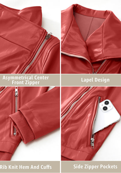 Luscious Red Women's Faux Leather Long Sleeve Motorcycle Biker Warm Jacket