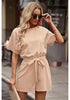 Ivory Cream Women Casual Short Sleeves Self-Tie Belted Short Romper Jumpsuits