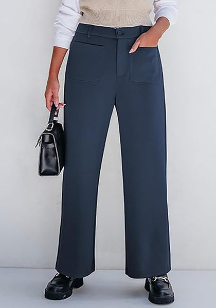 Navy Blue Women's  High Waist Relaxed Fit Wide Leg Cropped Length Style Casual Pants With Pockets