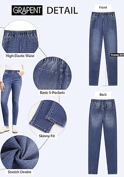 Classic Blue High Waist Skinny Jeans with Elastic Waistband for Women Stretch Denim Functional Pockets Comfort Fit Jeggings