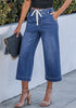 Casual Capri Jeans for Women Wide Leg Elastic Drawstring Waist Cropped Denim Trousers