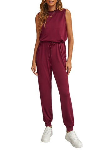 Wine Red Women's Sleeveless Drawstring Jumpsuit with Stretchy Long Pants Jogger