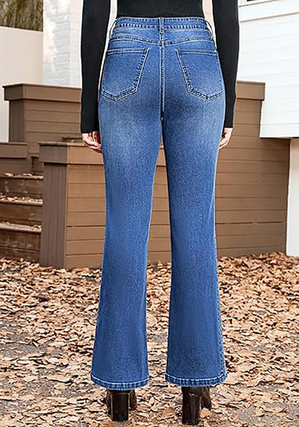 Classic Blue Women's High Waisted Flared Jeans Rhinestone Side Stripes Comfort Stretch Functional Pockets