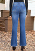 Classic Blue Women's High Waisted Flared Jeans Rhinestone Side Stripes Comfort Stretch Functional Pockets
