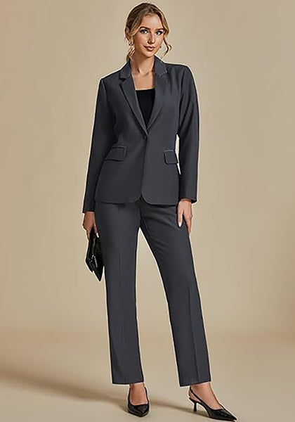 Charcoal Women's Blazer Set Business Casual Full Fit Blazer Jackets and Straight Pant Suits with Pockets