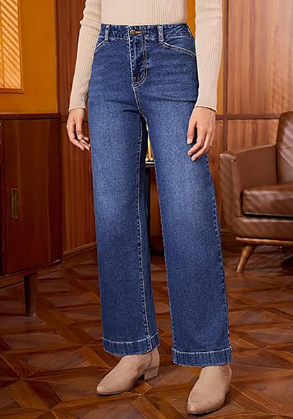 Dark Atlantic Blue Women's High Waisted Wide Leg Jeans with Comfort Stretch and Functional Pockets