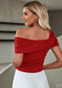 Red Women's Crop Short Sleeve Summer Tops One Shoulder Off Sholder Tops