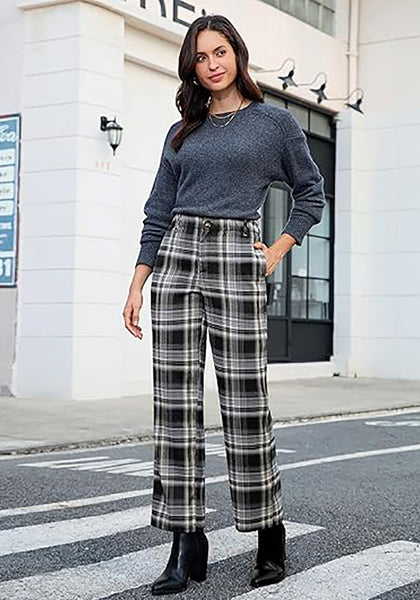 Black & White Plaid Palazzo Pants Women High Waist Wide Leg Trousers with Pockets Comfort Fall Winter Vintage Office