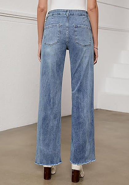 Vintage Blue - Acid Wash Women's Straight Leg Pull On Denim Pant High Waisted Stretch