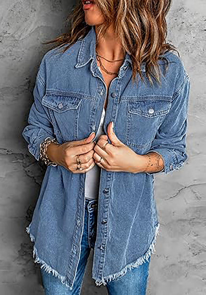 Medium Blue Button Down Tunic Denim Shirt Jacket