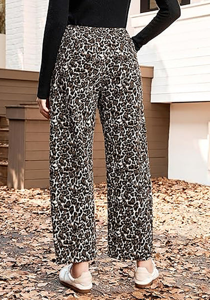 Women's Leopard Print Wide Leg Pants with Drawstring Elastic Waist Casual Loose Trousers for Summer Lounge & Vacation
