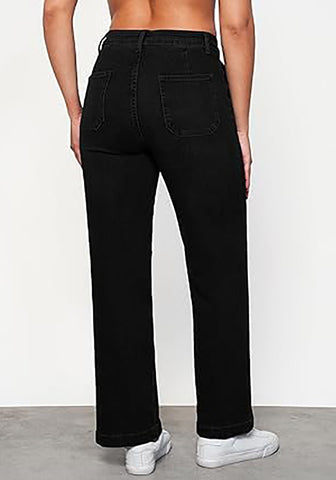 True Black Women's Casual Full Length High Waist Relaxed Fit Wide Leg Slight Stretch Jeans with Pocket