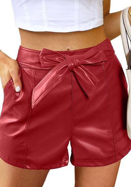 True Red Women's High Waist Wide Leg Stretch Belted Shorts PU Leather Pants