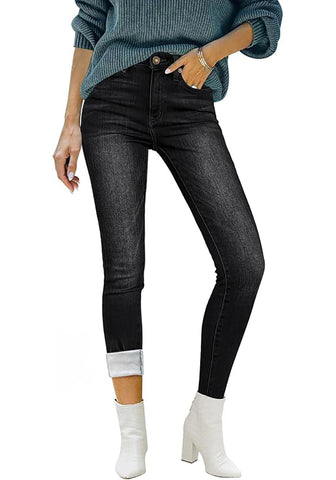 Faded Black Women's Denim High Waisted Skinny Stretch Fleece-Lined Thermal Leggings