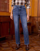 Dark Atlantic Blue High Waist Denim Pants Straight Leg Comfort Stretch Jeans Full Length Jeans with Pockets Casual