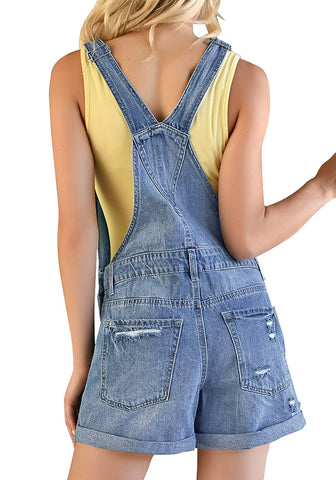 Classic Blue Roll-Over Hem Ripped Denim Shorts Overall