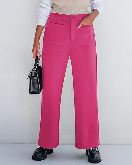 Hot Pink Women's  High Waist Relaxed Fit Wide Leg Cropped Length Style Casual Pants With Pockets