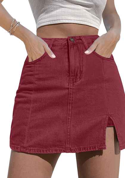 Rumba Red Women's Brief Denim High Waisted Skirt Split Hem Stretch