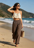 LookbookStore Women Coffee Brown High Waist Linen Pants Wide Leg Ruffle Hem Elastic Waist Cropped Ankle Beach Summer Casual Pants