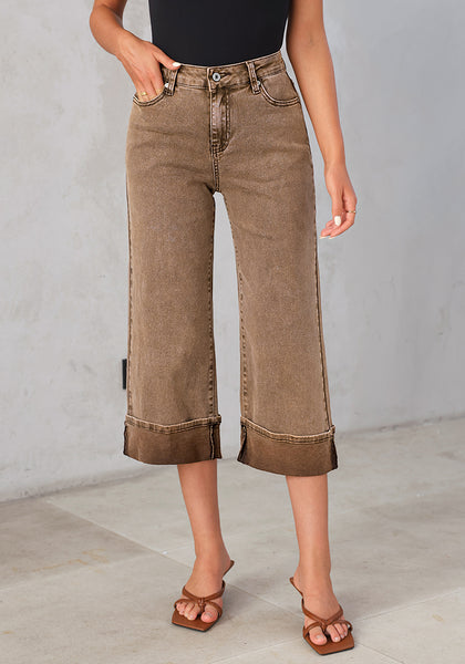 Coca Mocha Women's High Waisted Wide Leg Denim Jeans Cuffed Hem Baggy Pockets Capri Pants