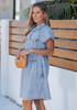 LookbookStore  Roadknight Blue Women's Short Sleeve Babydoll Denim Dress – Pleated Raw Hem Distressed Western Style with Pockets