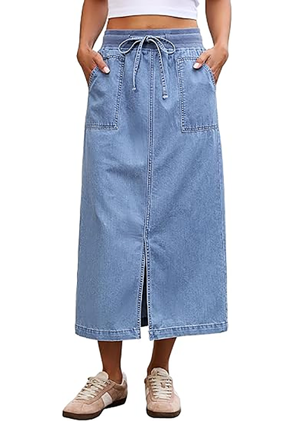 LookbookStore Women Lakeside Blue High Waist Jean Midi Skirt Elastic Drawstring Denim Long Skirt with Pockets Front Split Design