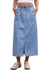 LookbookStore Women Lakeside Blue High Waist Jean Midi Skirt Elastic Drawstring Denim Long Skirt with Pockets Front Split Design