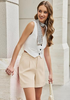 LookbookStore Women Beige High Waist Pleated Wide Leg Shorts, Casual Dressy Baggy Midi Work Shorts with Rolled Hem & Pockets