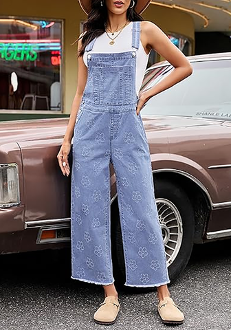 LookbookStore Women's Floral Powder Blue Embroidered Denim Overalls, Loose Fit Wide Leg Capri Bib Overall, Stretchy Raw Hem Summer Jean Jumpsuit