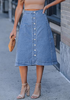 LookbookStore Women's Medium Blue Trendy Midi A-Line Denim Skirt – Stretchy Western Casual Button Down Style with Convenient Pockets