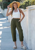 LookbookStore Women's Army Green Linen Barrel Capri Pants High Waisted Elastic Pull On Casual Summer Beach Vacation Pants