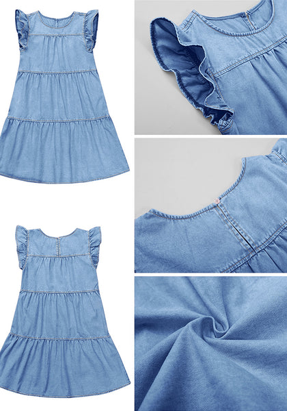 Roadknight Blue Women's Mini Denim Babydoll Sleeveless Ruffle Sleeve Pleated Dress