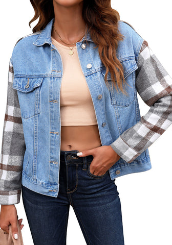 Light Wash + Gray Plaid Women's Denim Oversized Plaid Shacket Jacket Vintage Shirt Jackets