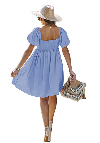 Sky Blue Women's Off the Shoulder Puff Sleeve Square Neck A-Line Babydoll Dresses