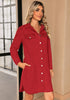 Red Women's Brief Work Denim Button Down Dress with Long Sleeves and Pocket