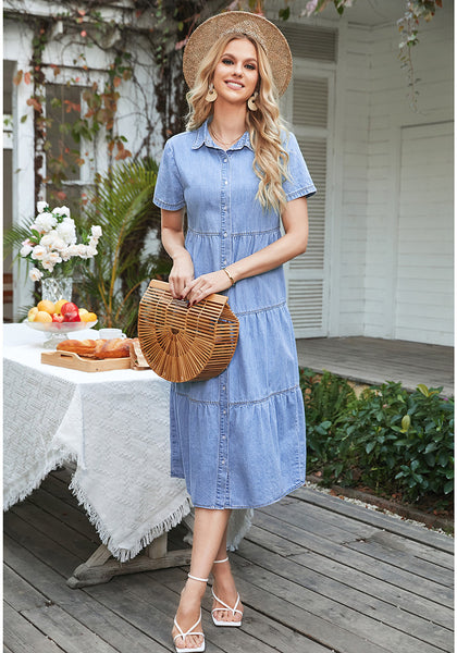 Azure Mood Women's Button Down Casual Babydoll Vacation Denim Long Dresses