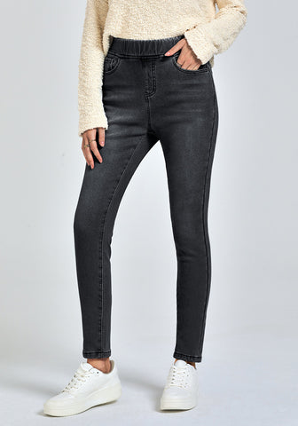 Washed Black Women's High Waisted Fleece Lined Thermal Skinny Denim Pants
