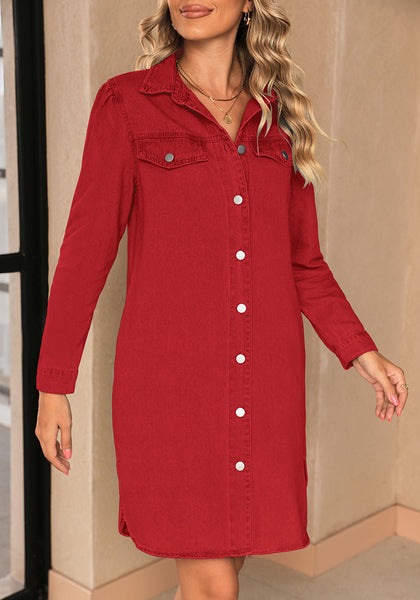 Red Women's Brief Work Denim Button Down Dress with Long Sleeves and Pocket