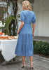 Cool Blue Women's A-Line Elastic Waist Midi Dresses Puff Sleeve Denim Dress