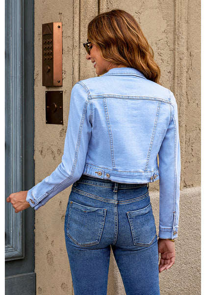 Cool Blue Women's Basic Long Sleeves Fitted Denim Cropped Jacket