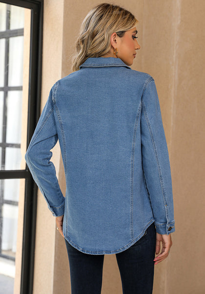 Medium Blue Women‘s Denim Oversized Button Down Long Sleeve Pocket Jacket
