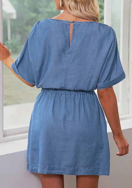 Classic Blue Denim Dress for Women Chambray Batwing Sleeves Smocked Waist A-line Short Jean Dresses with Pockets